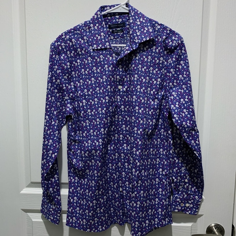 Blue & White Button Down Shirt with Flowers - Tommy Hilfiger, Slim-Fit